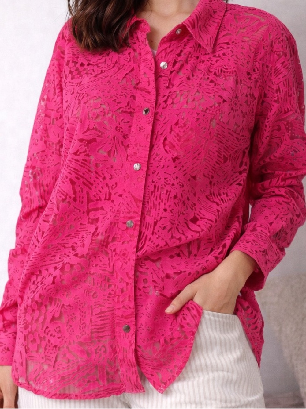 White Stag Hot Pink Lace Button-Up Blouse